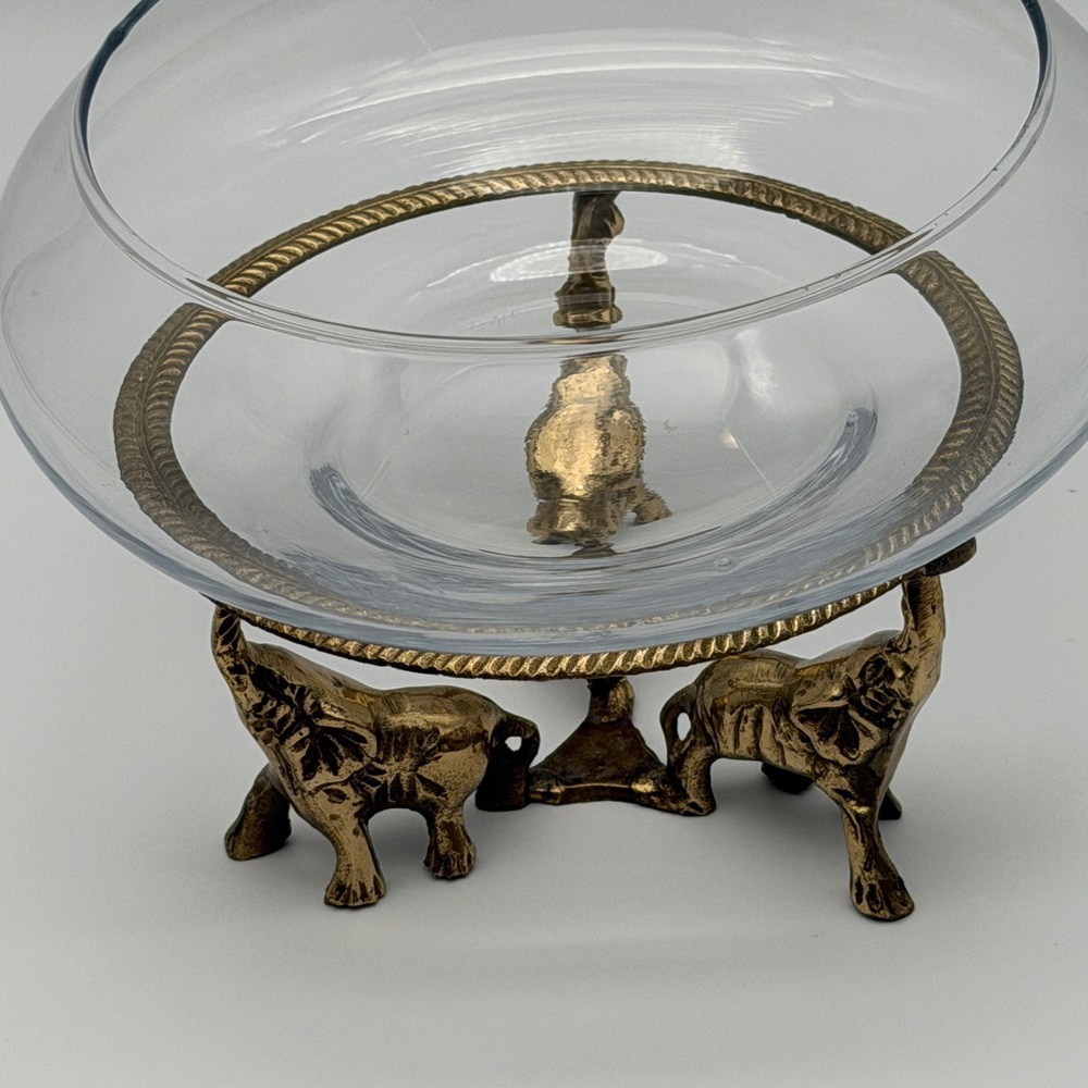Vintage Brass Elephant Base Glass Centerpiece Bowl Safari Wildlife Decor